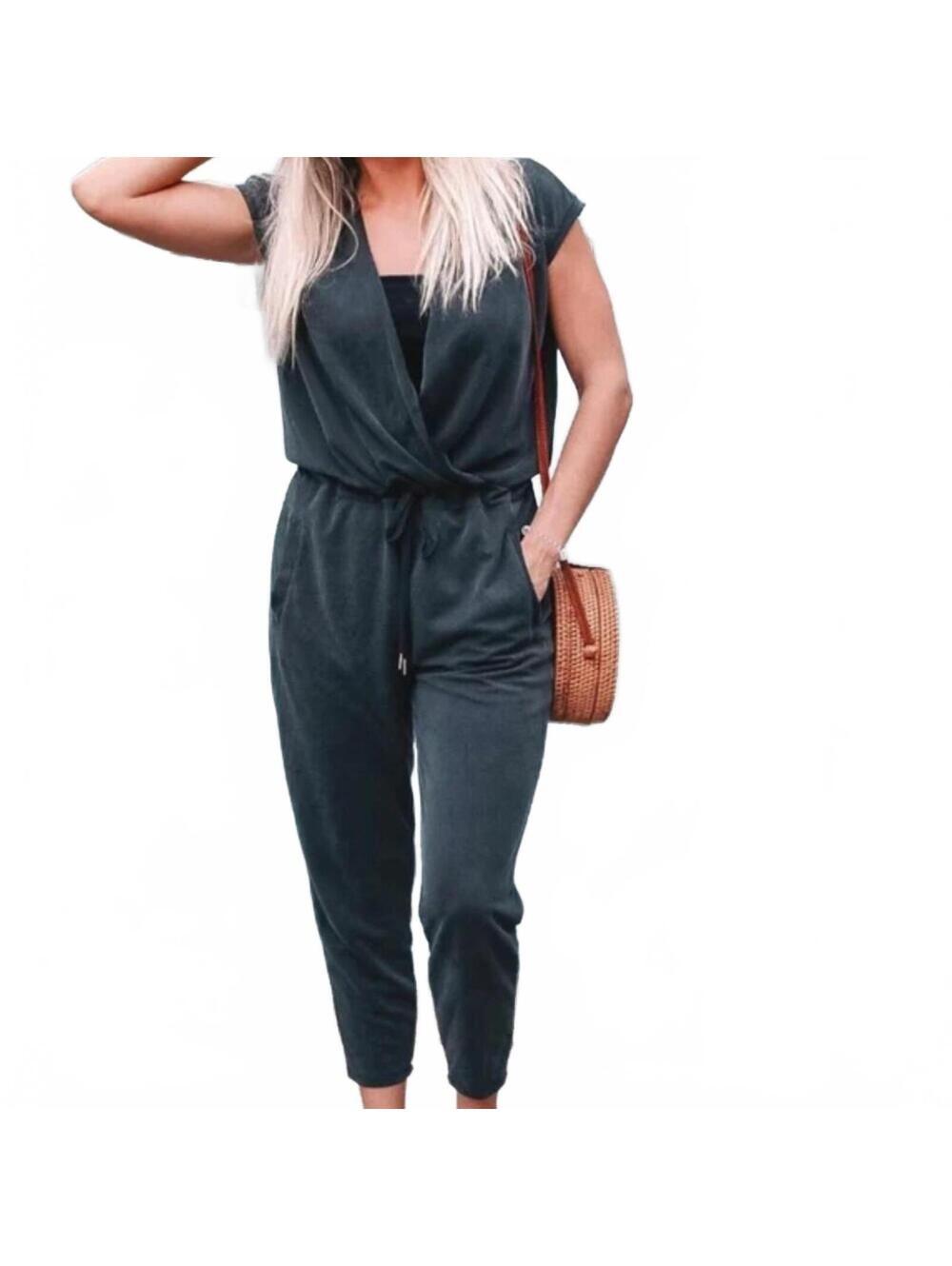 Calia Sleeveless Jumpsuit Gray Medium pockets faux wrap comfort gym athletic